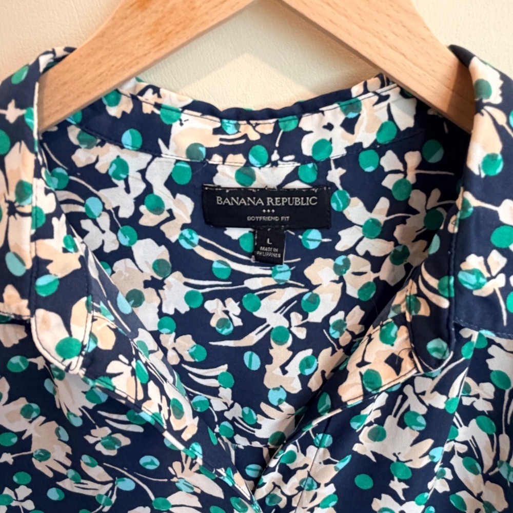 Banana Republic Boyfriend Fit Floral Polka Dot Navy Blue Button Down Shirt L - Picture 4 of 10